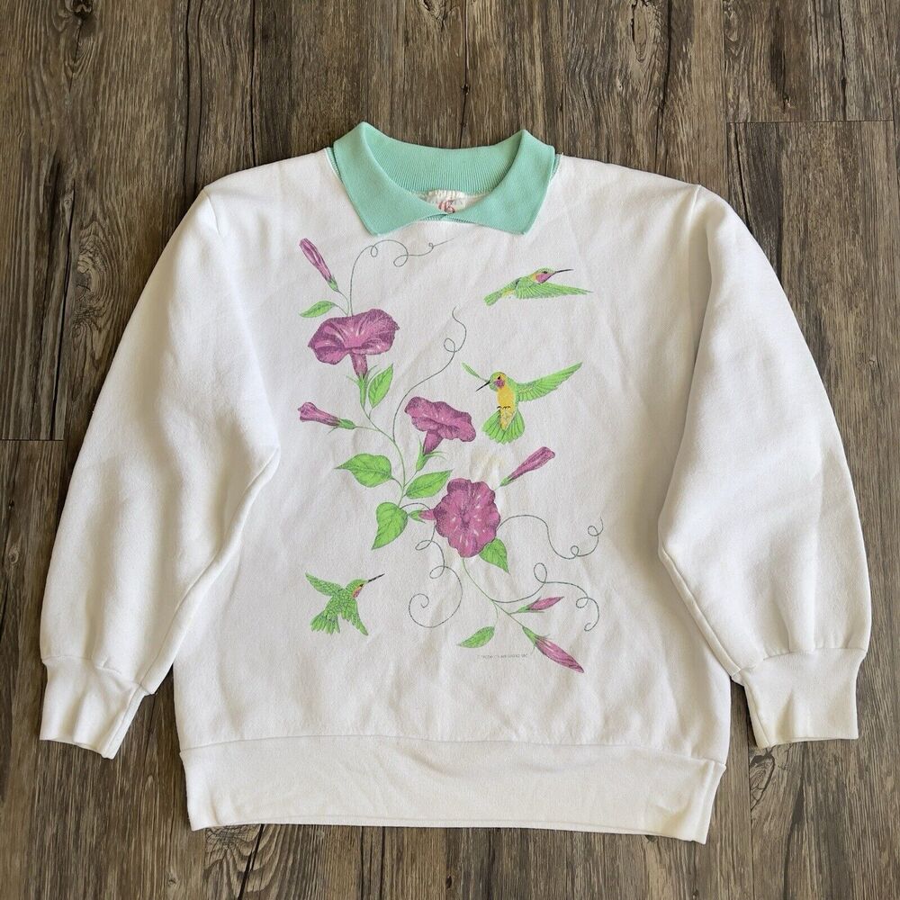 Vtg Hummingbirds Flowers Graphic Crewneck Sweatshirt  Granny Nature USA Women M
